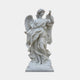 Guardian Angel Marble Outdoor Sculpture by Giant Sculptures, 180cm white marble figure with outspread wings and flowing drapery on a square base, shown against a light grey background.