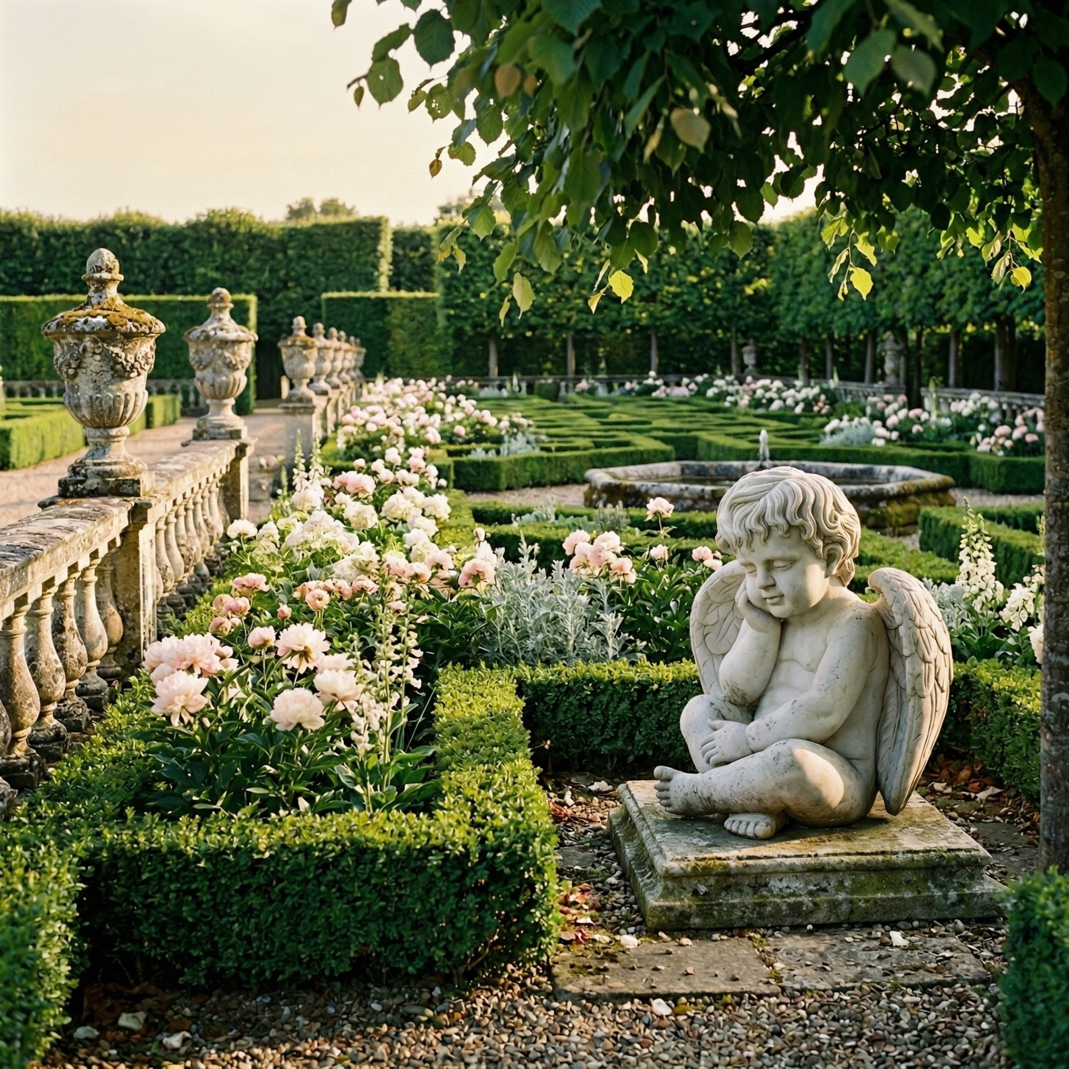 Sleeping Baby Angel Marble Outdoor Sculpture by Giant Sculptures, seated with head resting on one hand, wings folded, in a formal garden with boxwood hedges and pink peonies.