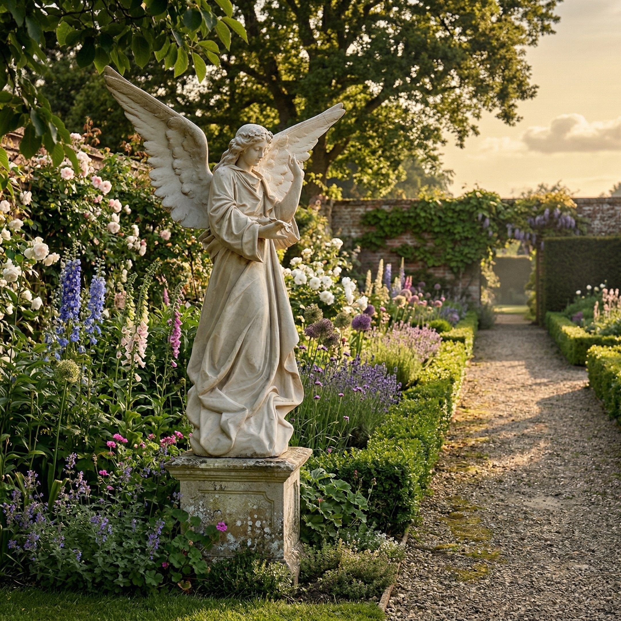 Large Angel Marble Outdoor Sculpture by Giant Sculptures, 180cm white marble winged figure on a weathered stone pedestal beside a gravel path in a flowering walled garden.