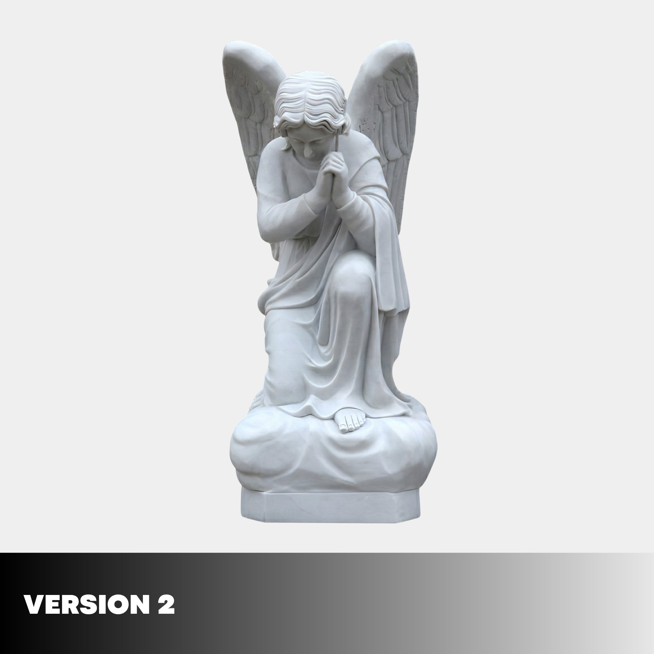 A white marble Sitting Angel Outdoor Sculpture (50cm) by Giant Sculptures kneels in prayer with wings folded, set against a plain light gray background. "VERSION 2" appears at the bottom left.