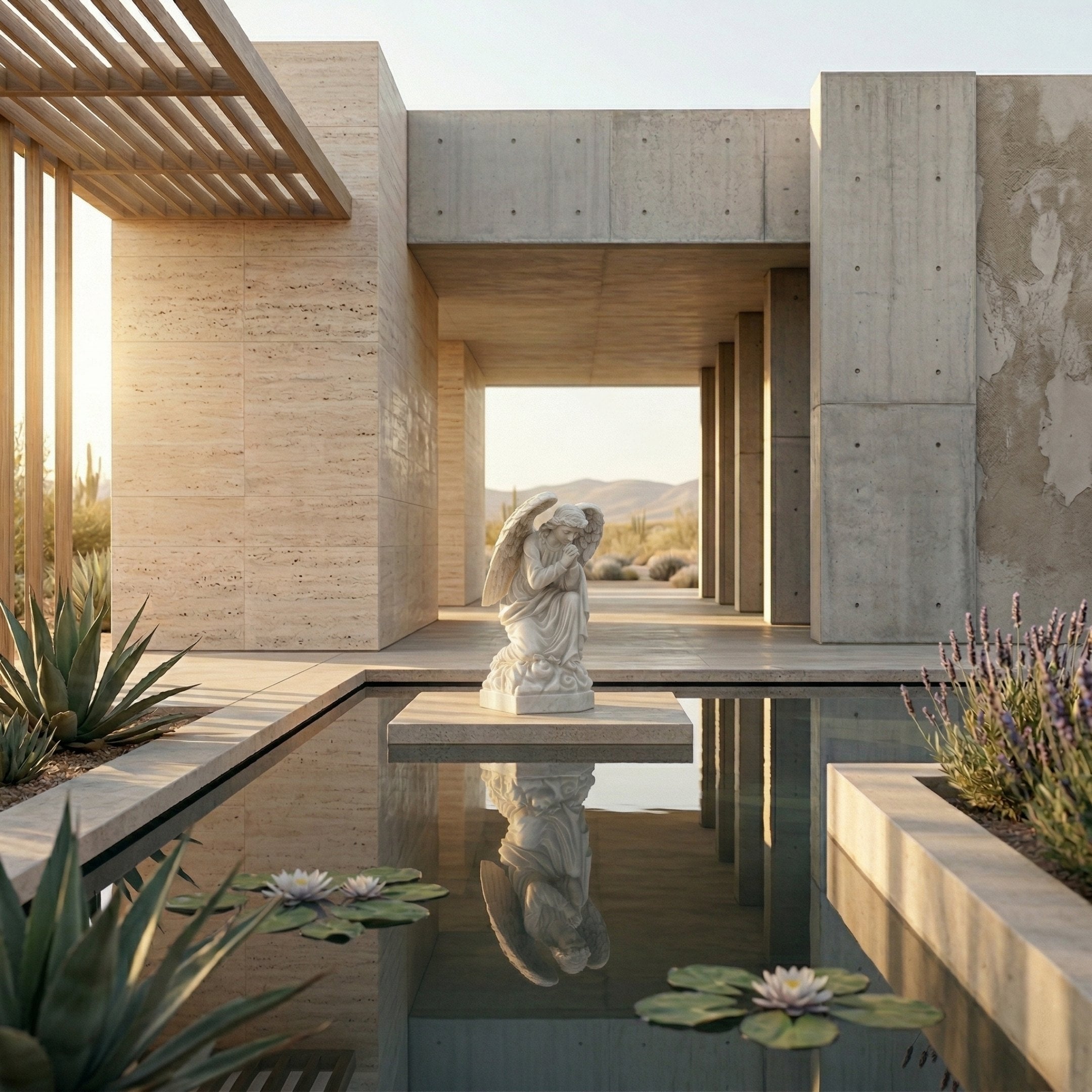 Sitting Angel Marble Outdoor Sculpture by Giant Sculptures, 50cm white marble cherub with wings and hands clasped in prayer, displayed on a pedestal over a reflecting pool in a desert courtyard setting.