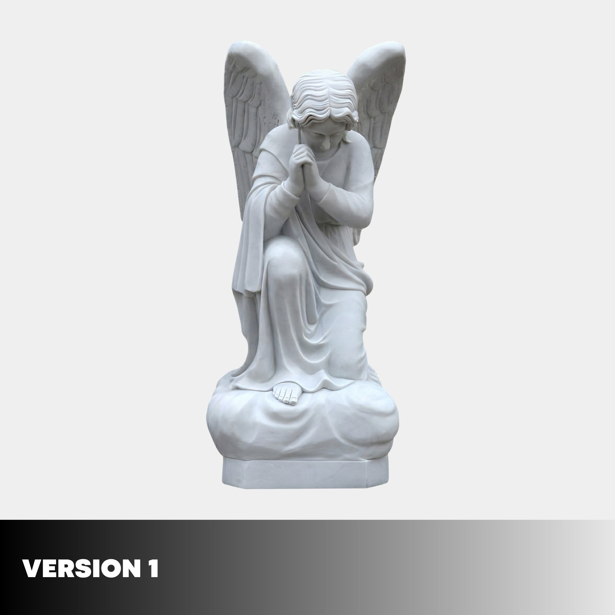 A Sitting Angel Marble Outdoor Sculpture by Giant Sculptures, 50cm tall, kneels with head bowed and hands clasped in prayer against a plain light gray background. “VERSION 1” appears in bold white on a black and gray gradient bar at the bottom.