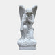 Sitting Angel Marble Outdoor Sculpture in white marble depicting a kneeling winged angel in flowing robes with hands clasped in prayer and head bowed, on a rounded base against a plain light background.