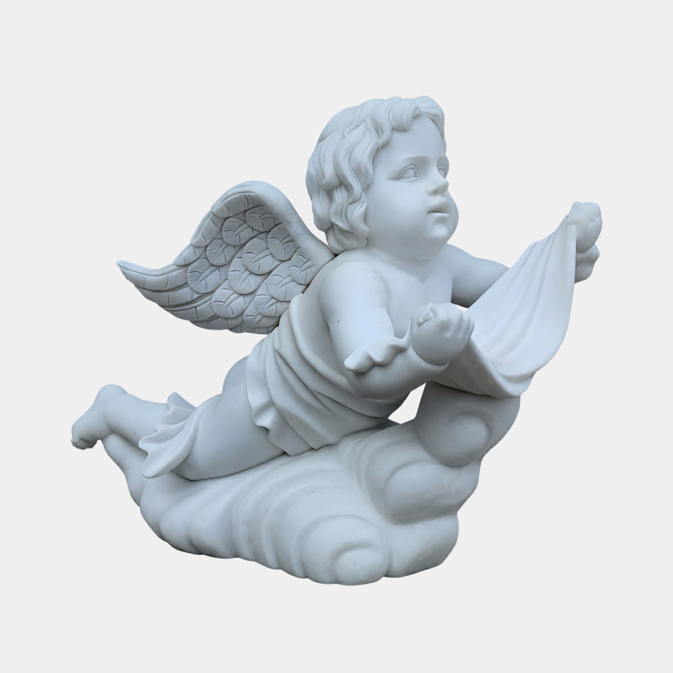 Cherub Angel Marble Outdoor Sculpture – 70cm by Giant Sculptures, depicting a winged cherub reclining on a cloud-shaped base holding draped fabric, carved in white marble against a light grey background.