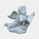 Cherub Angel Marble Outdoor Sculpture – 70cm by Giant Sculptures, depicting a winged cherub reclining on a cloud-shaped base holding draped fabric, carved in white marble against a light grey background.
