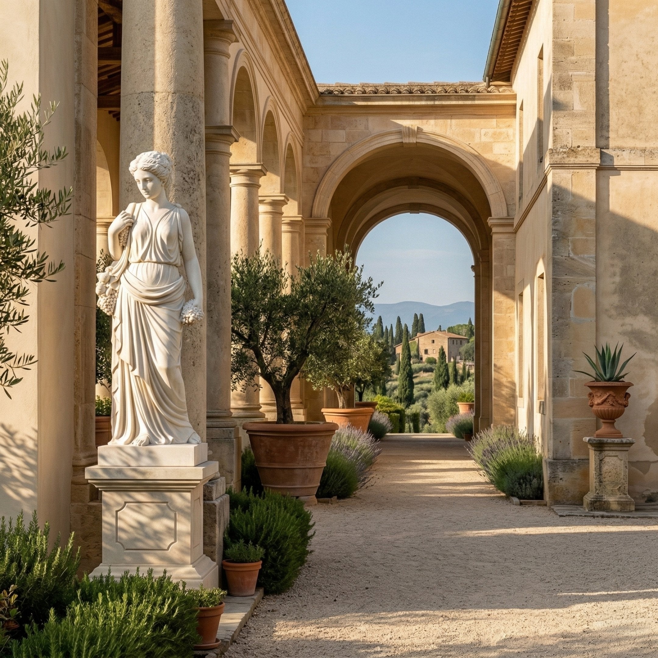 Four Season Angel Marble Outdoor Sculpture by Giant Sculptures, 200cm white marble female figure holding grapes in classical drapery on a square pedestal, displayed in a sunlit Italian-style loggia with olive trees and lavender.