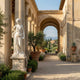 Four Season Angel Marble Outdoor Sculpture by Giant Sculptures, 200cm white marble female figure holding grapes in classical drapery on a square pedestal, displayed in a sunlit Italian-style loggia with olive trees and lavender.