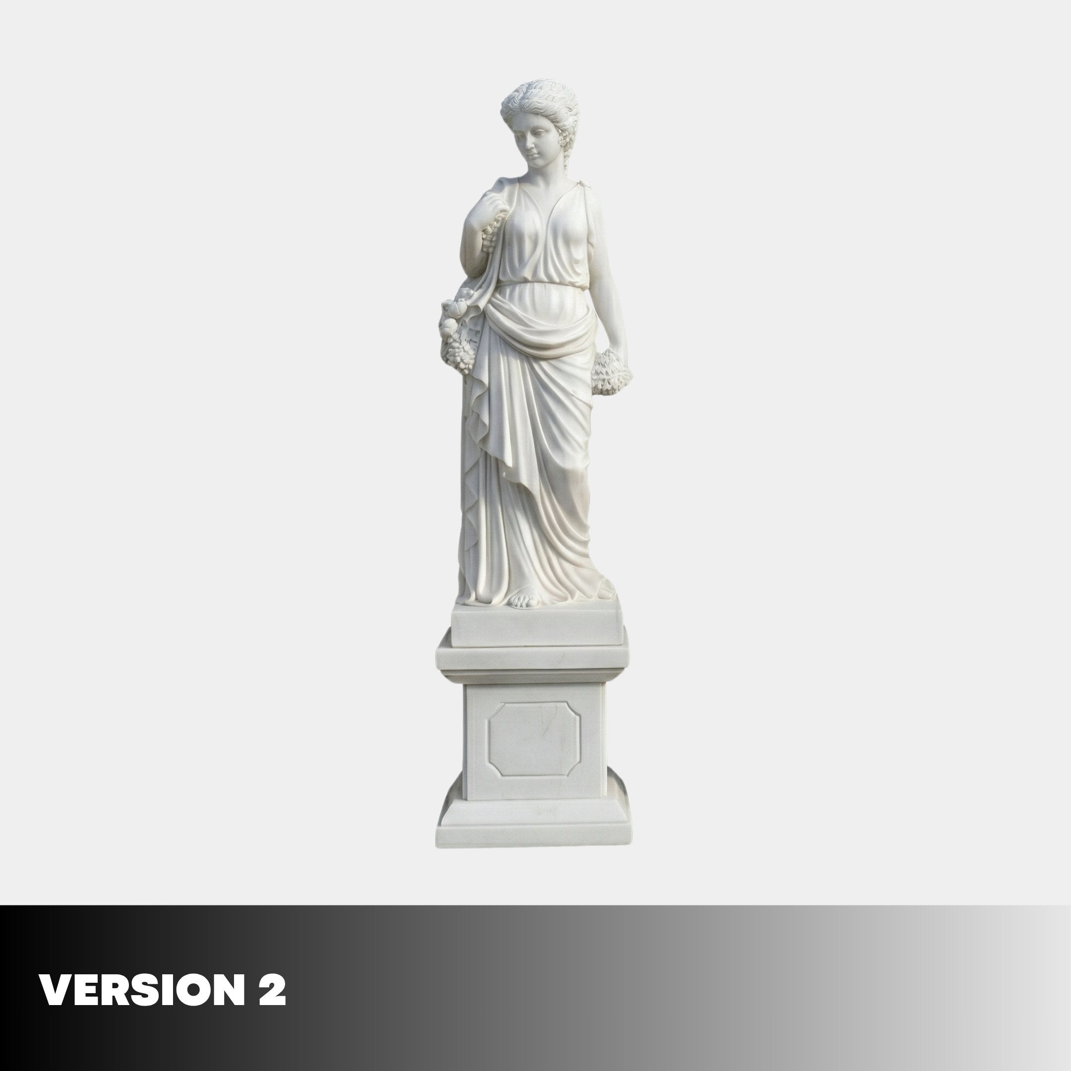 Four Season Angel Marble Outdoor Sculpture by Giant Sculptures, version 2, draped female figure holding fruit on a square pedestal against a white background.