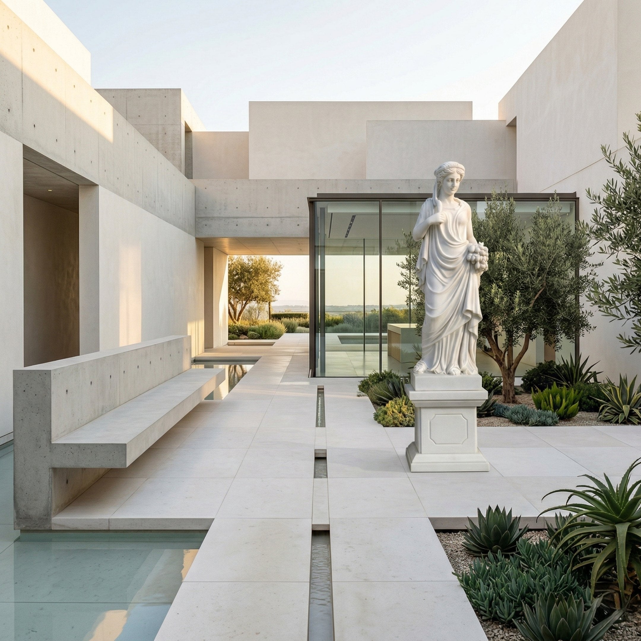 Four Season Angel Marble Outdoor Sculpture by Giant Sculptures, 200cm white marble figure in classical drapery holding grapes on a pedestal in a modern courtyard with olive trees and a water feature.