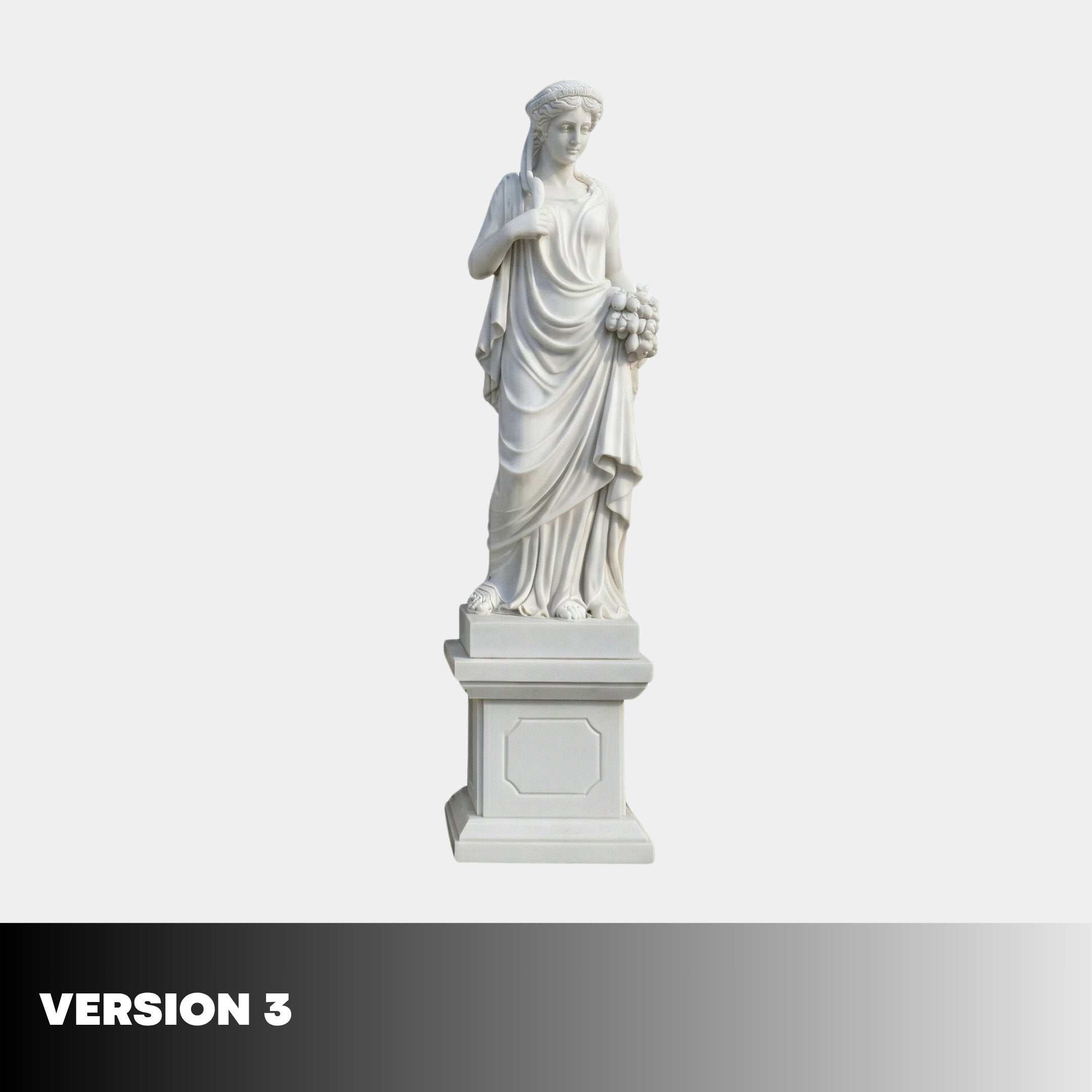 Four Season Angel Marble Outdoor Sculpture by Giant Sculptures, version 3, draped female figure holding grapes on a moulded pedestal against a white background.
