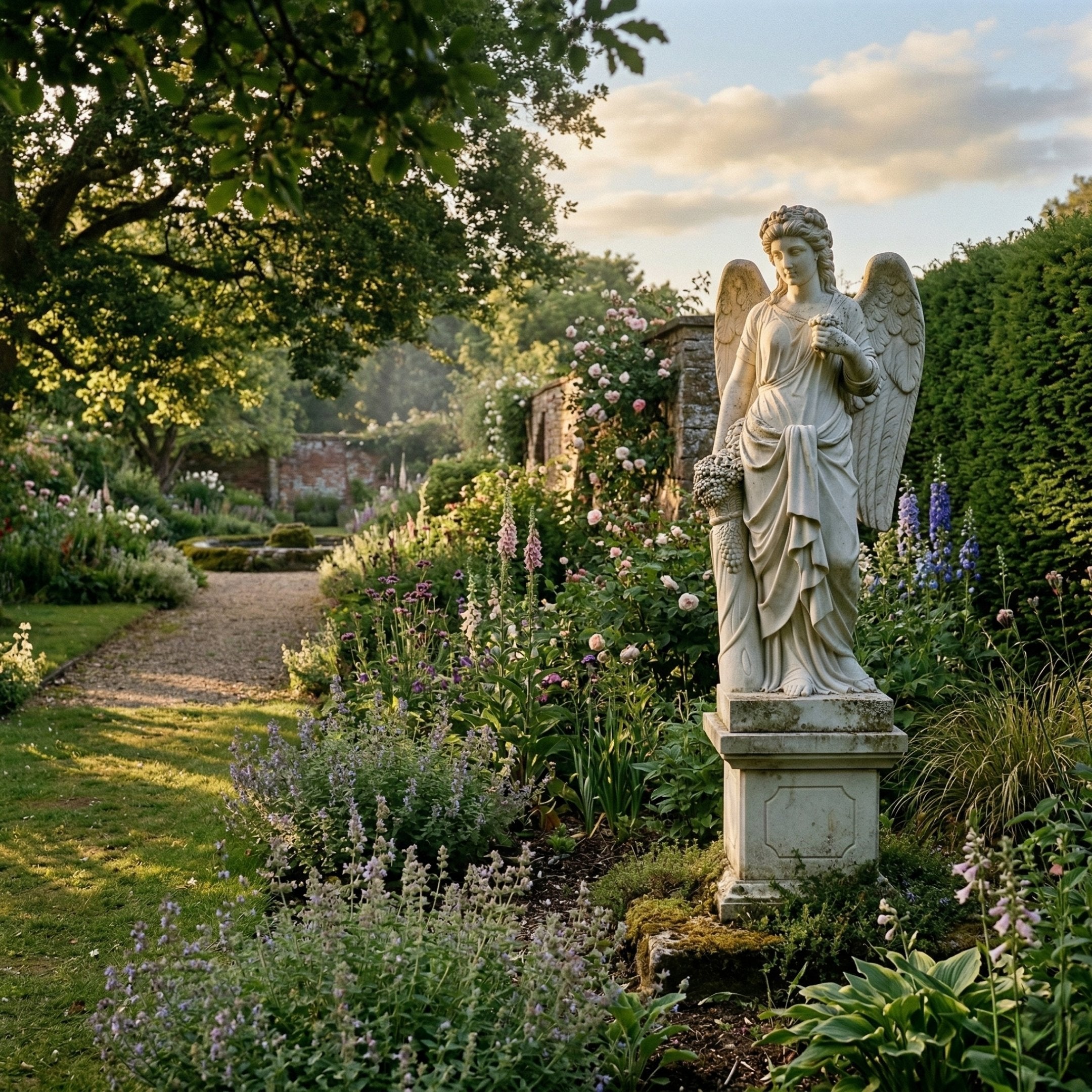 Four Season Angel white marble outdoor sculpture by Giant Sculptures shown in a formal garden setting amid flowering borders, standing on a square pedestal with wings, classical drapery, and floral attributes.