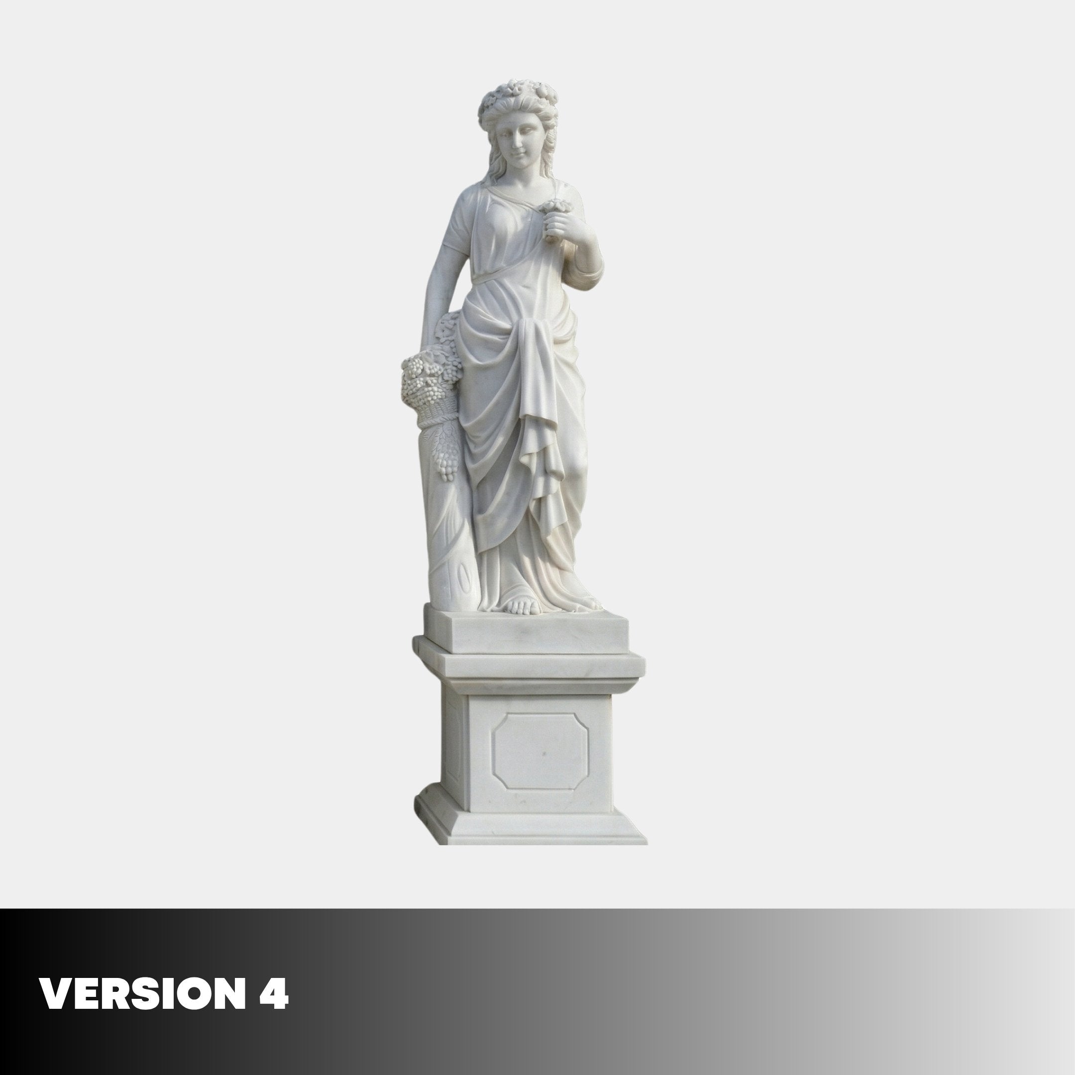 Giant Sculptures Four Season Angel Marble Outdoor Sculpture 200cm, version 4, draped female figure with floral crown and grape basket on pedestal, plain background.
