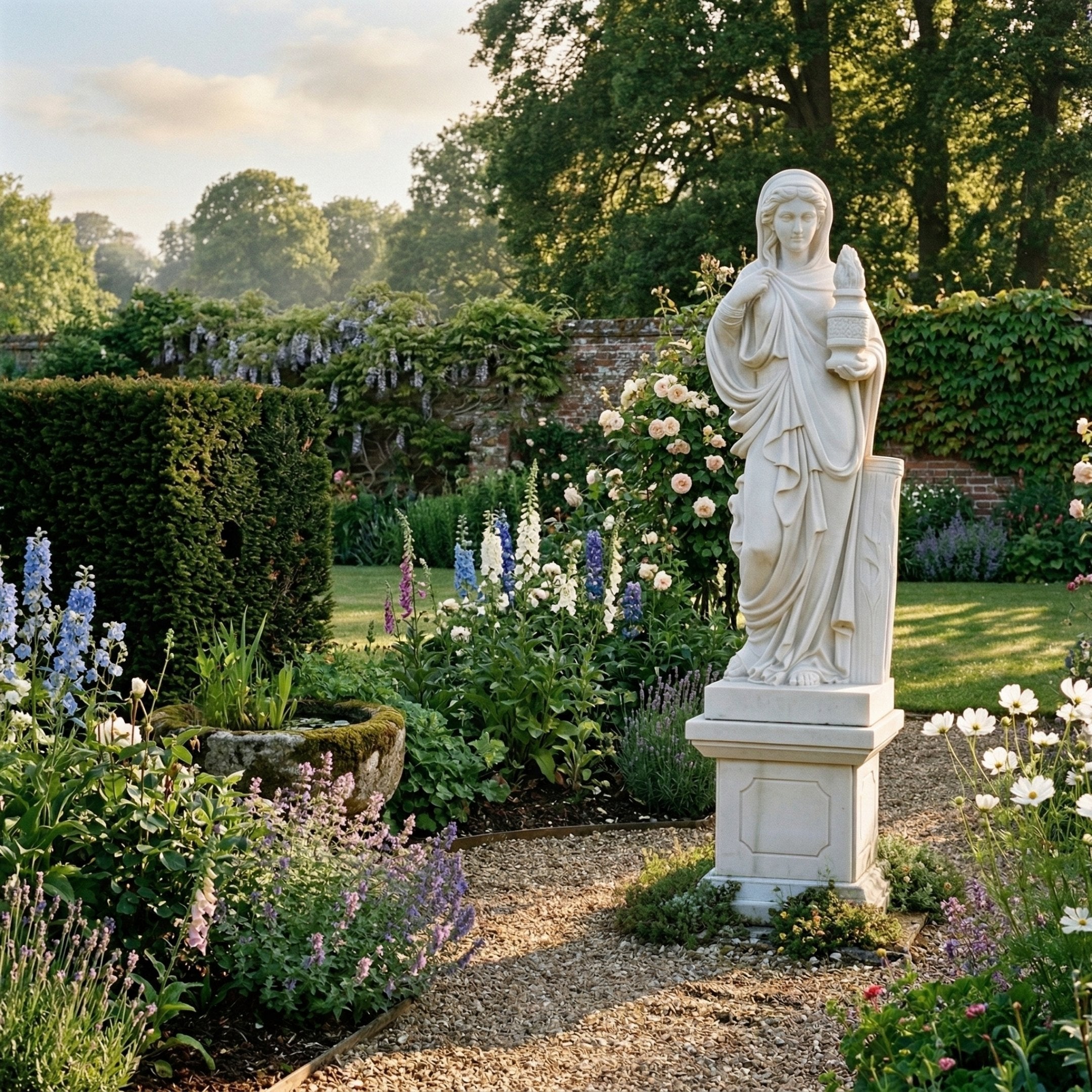 Four Season Angel Marble Outdoor Sculpture by Giant Sculptures, 200cm white marble figure in classical drapery holding a vessel, displayed on a pedestal in a lush walled garden with flowering borders.