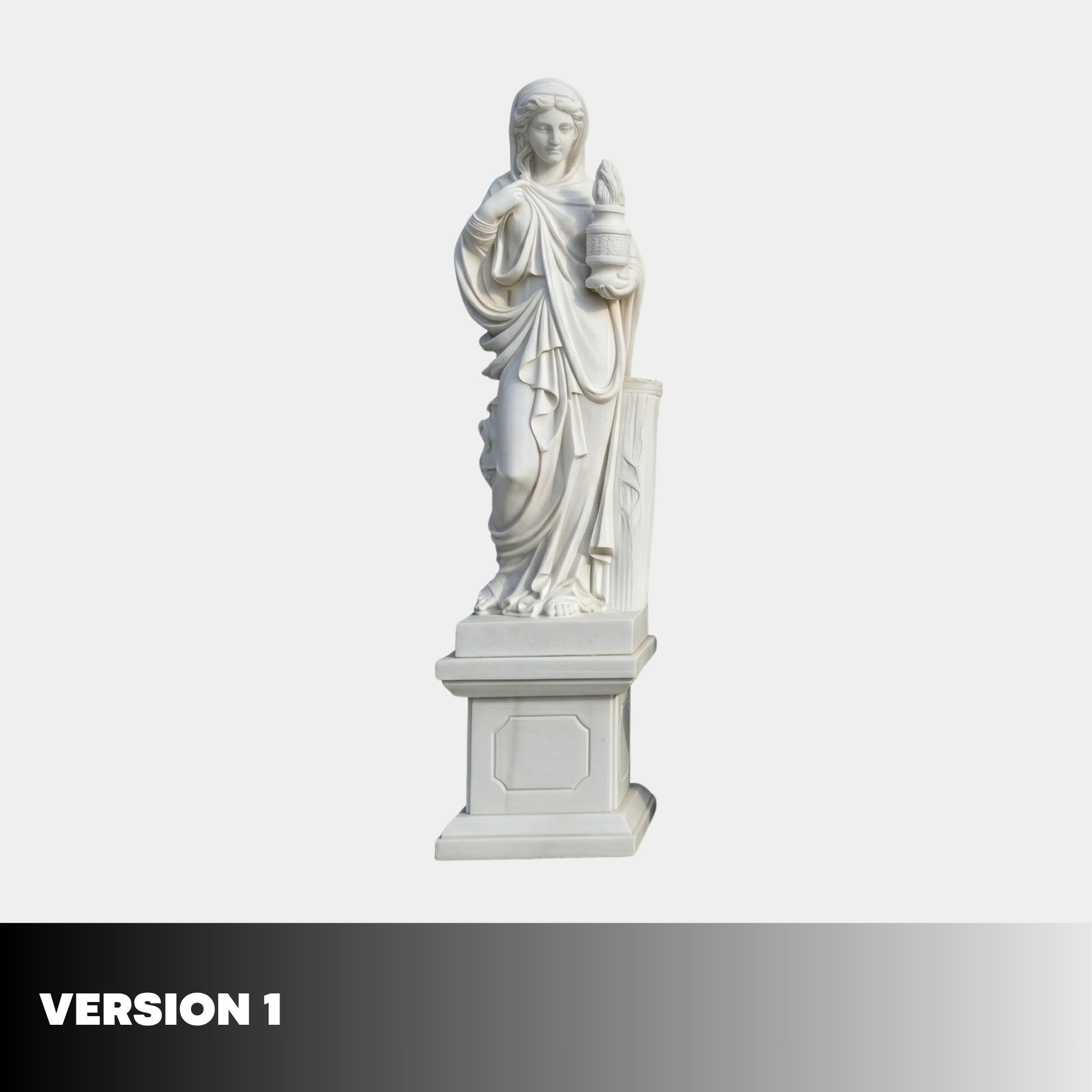 Four Season Angel Marble Outdoor Sculpture by Giant Sculptures, Version 1, a white marble draped female figure holding an urn beside a fluted column on a pedestal.