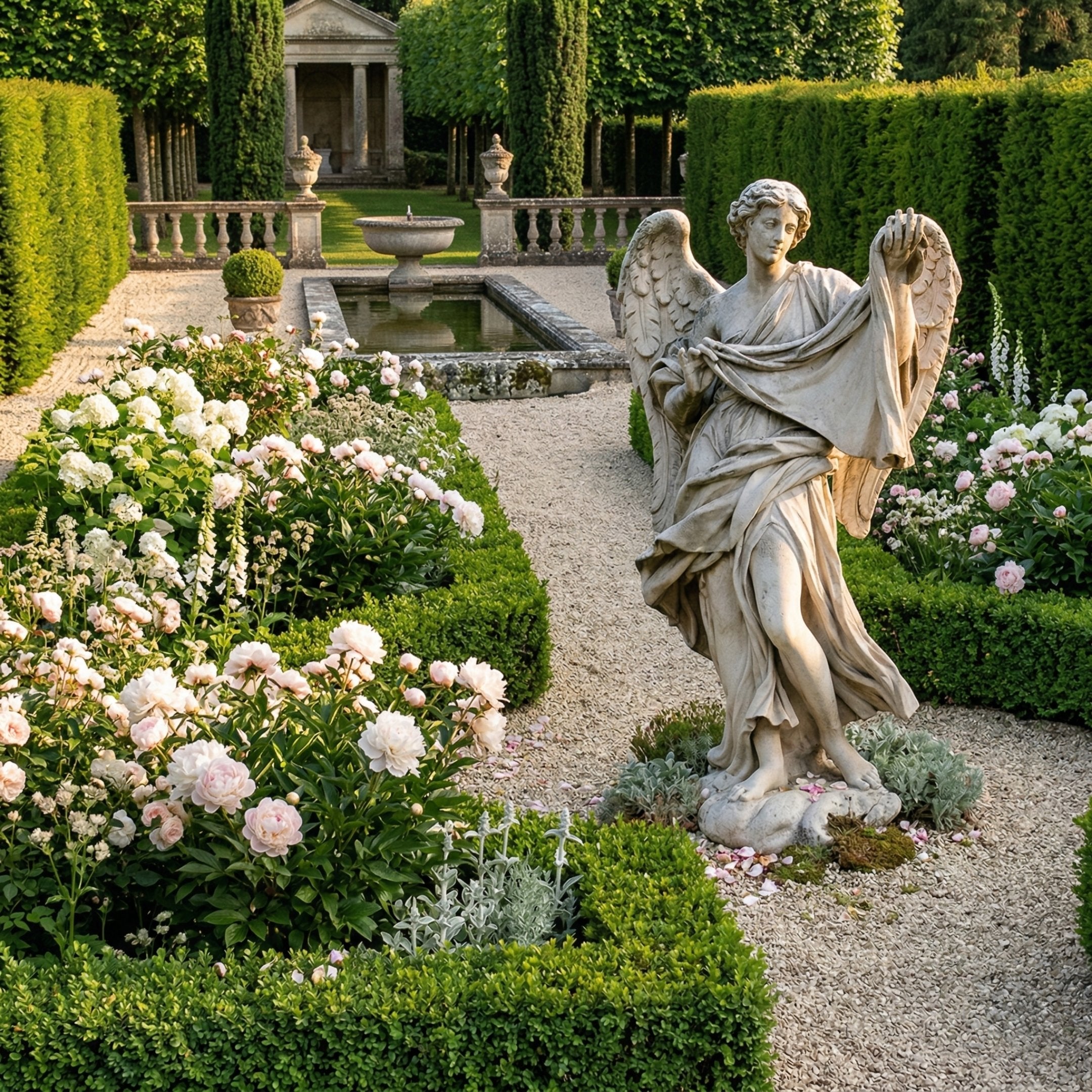 Ponte Sant Angelo V1 Angel Marble Outdoor Sculpture by Giant Sculptures, 180cm white marble figure in flowing robes with outstretched wings, displayed on a gravel path in a formal garden with roses and hedges.