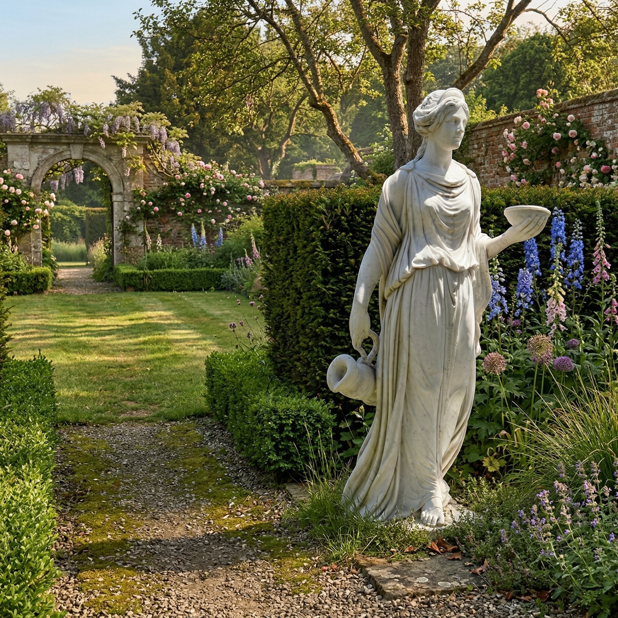 Giant Sculptures Hebe Cupbearer Angel Marble Outdoor Sculpture in white marble, 180cm, shown in a lush English garden with delphiniums, roses, and a stone archway.