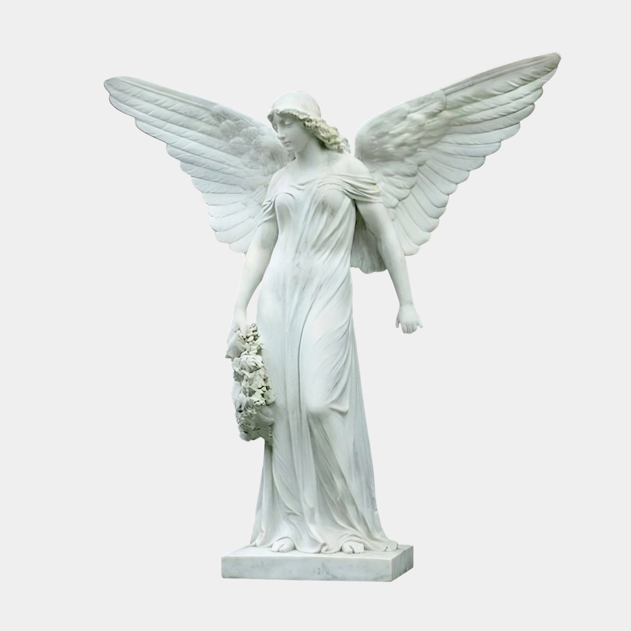 Classic Praying Angel Marble Outdoor Sculpture by Giant Sculptures, 180cm white marble angel with spread wings, flowing robes, and a floral wreath, on a square base against a plain light background.