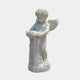 Cherub V2 Angel Marble Outdoor Sculpture by Giant Sculptures, a white marble winged cherub in a natural standing pose holding a draped cloth, on a round base, against a plain light background.