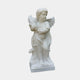 Cherub V1 Angel Marble Outdoor Sculpture by Giant Sculptures, an 80cm white marble winged cherub in a playful pose draped in flowing cloth on a square base, against a plain light background.