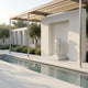 Saint Gabriel Angel Marble Outdoor Sculpture by Giant Sculptures, 150cm white marble figure with detailed wings and flowing robes, displayed in a niche beside a reflective pool with olive trees.