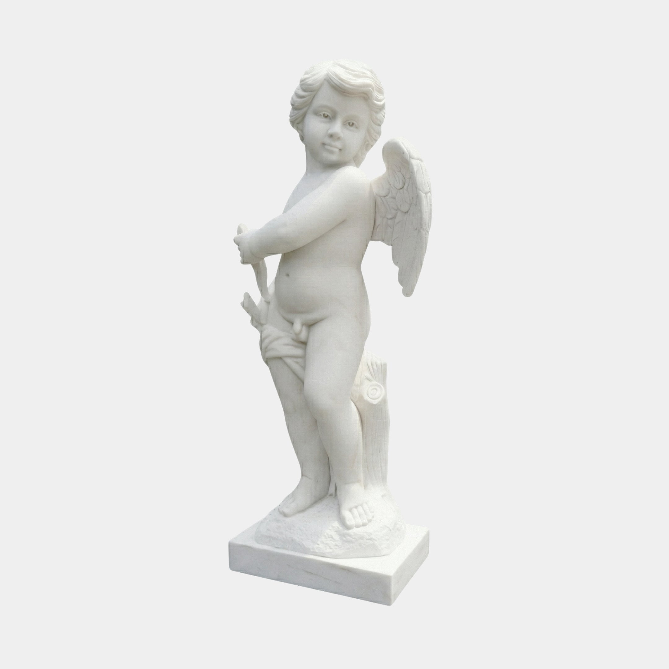Cherub V3 Angel Marble Outdoor Sculpture in white natural marble, depicting a winged cherub holding an arrow in a gentle pose on a square base, against a plain light background.