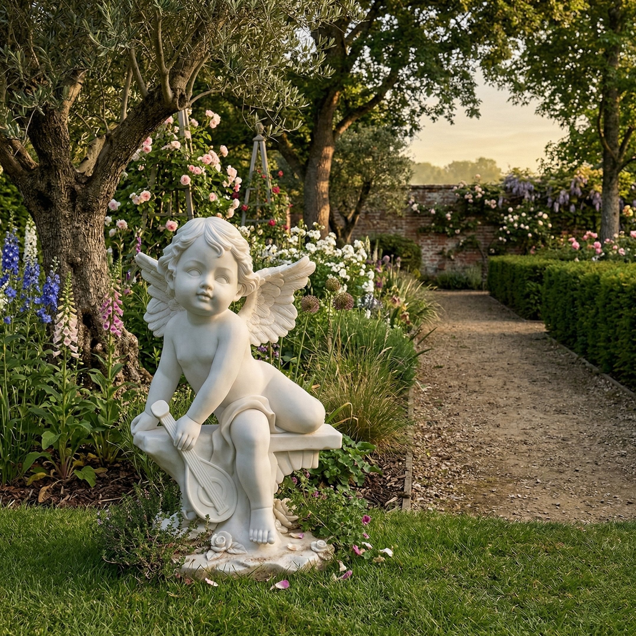 Giant Sculptures Cherub Kneeling Angel Marble Outdoor Sculpture in white marble, seated with wings and lyre, displayed in a lush English garden setting.