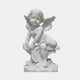 Cherub Kneeling Angel Marble Outdoor Sculpture in white marble, depicting a seated winged cherub holding a lyre with roses at the base, shown against a plain light grey background.