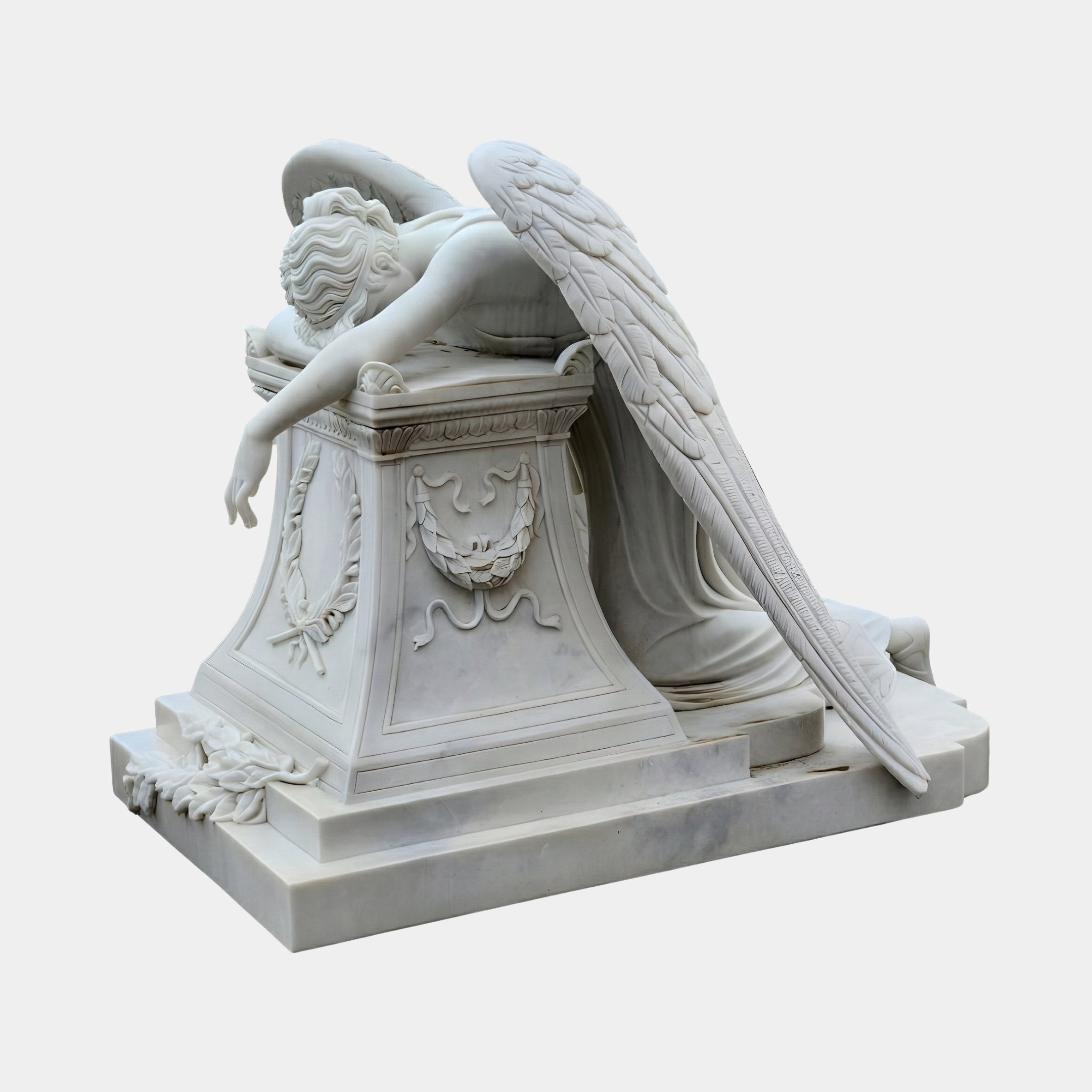 Angel Headstone Angel Marble Outdoor Sculpture by Giant Sculptures, 120cm white marble angel draped over a carved pedestal with wreath detail, on a plain light background.