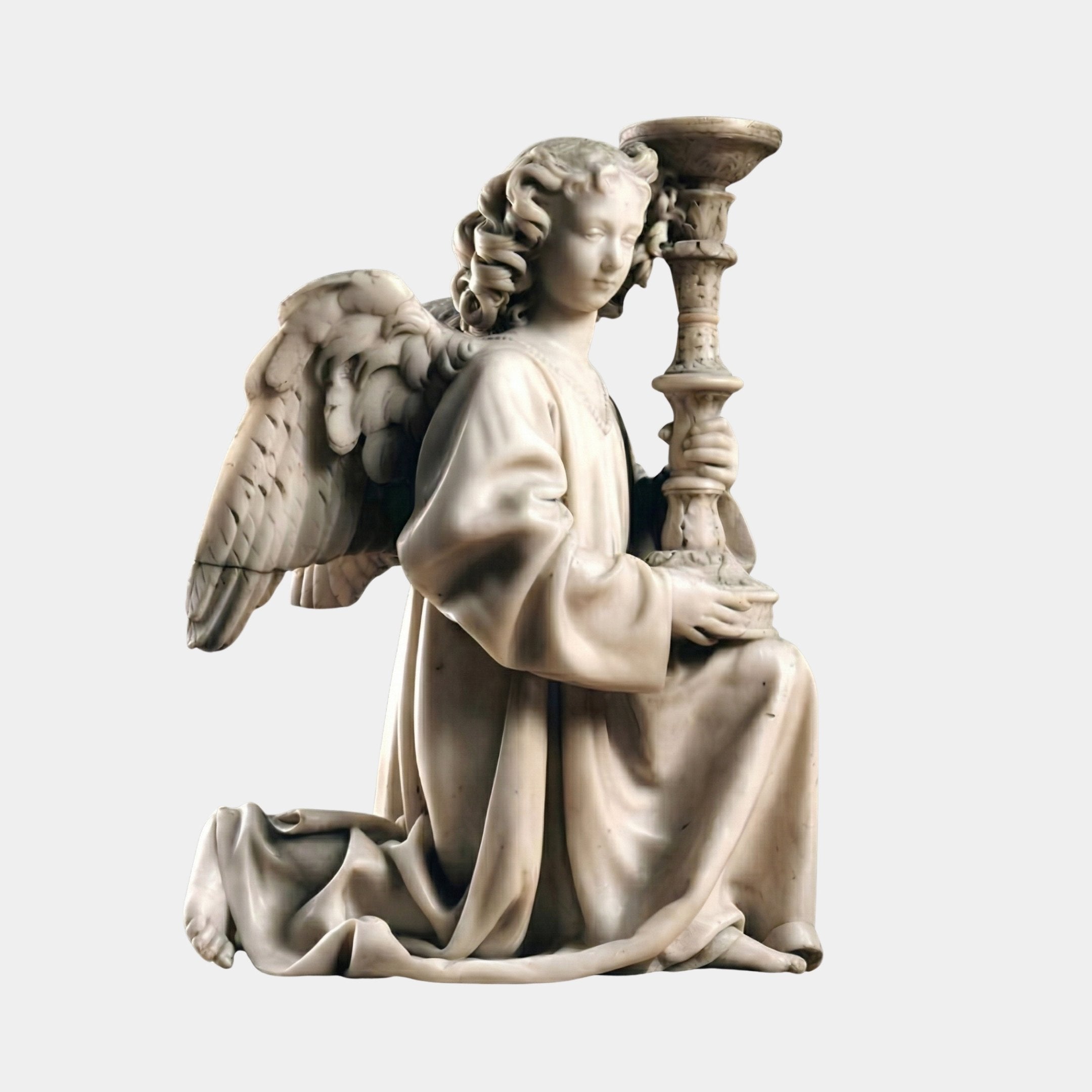 Michelangelo Angel Marble Sculpture – 80cm kneeling angel with curly hair, wings, and flowing robes holding an ornate candlestick, carved in white marble, on a plain grey background.