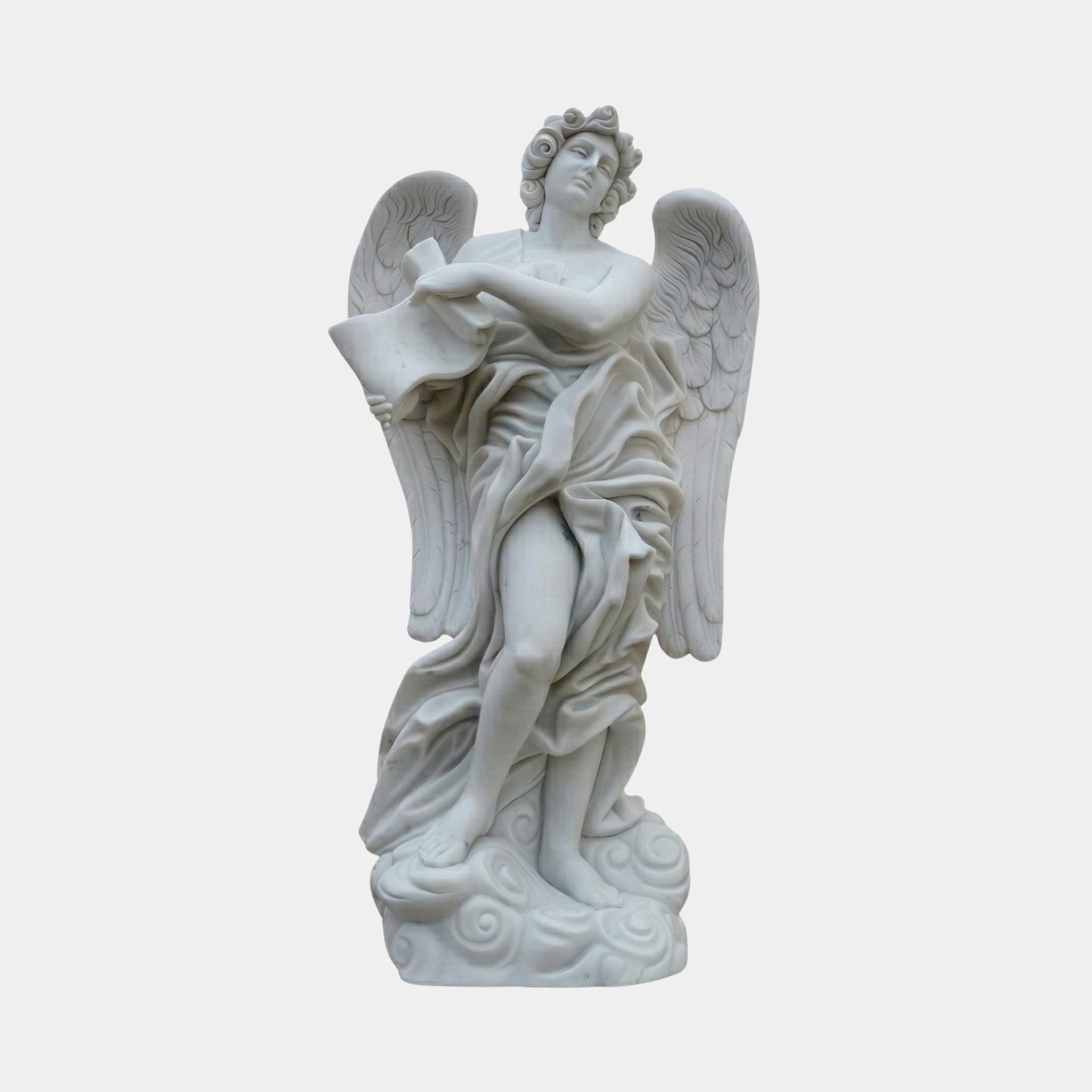 Large Winged Angel Marble Outdoor Sculpture in white natural marble, depicting a draped angel with outstretched wings standing on a cloud-form base, shown against a plain light grey background.