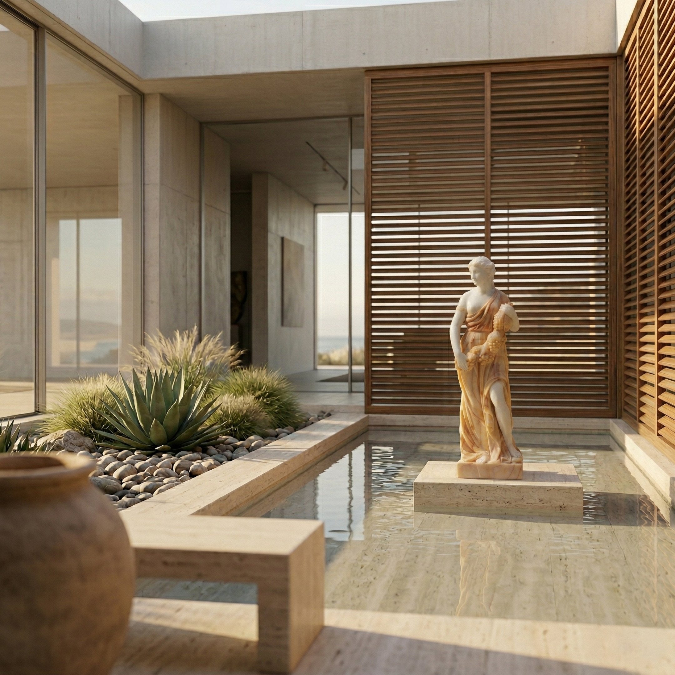 Four Season Female Angel Marble Outdoor Sculpture in warm golden two-tone marble standing in a shallow water feature within a modern courtyard with wooden louvres and desert plants.