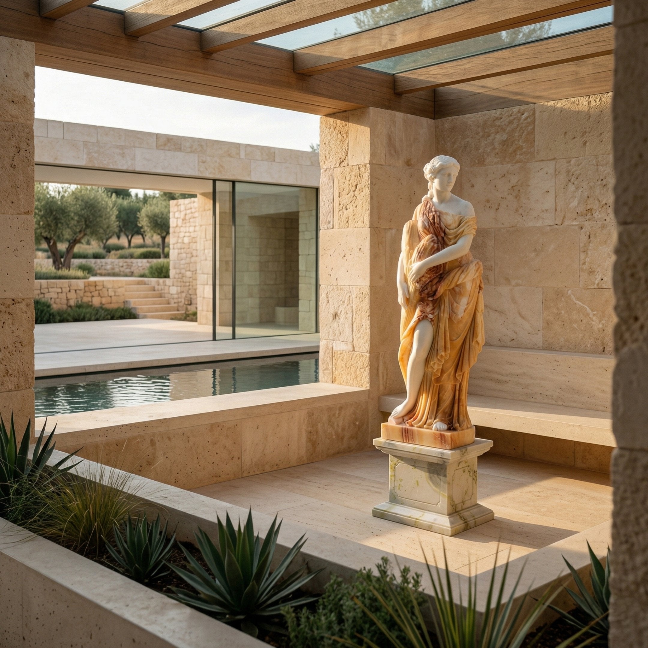 Four Season Female Angel Marble Outdoor Sculpture in warm two-tone white and golden marble, draped female figure on a square pedestal in a sandstone courtyard beside a pool.