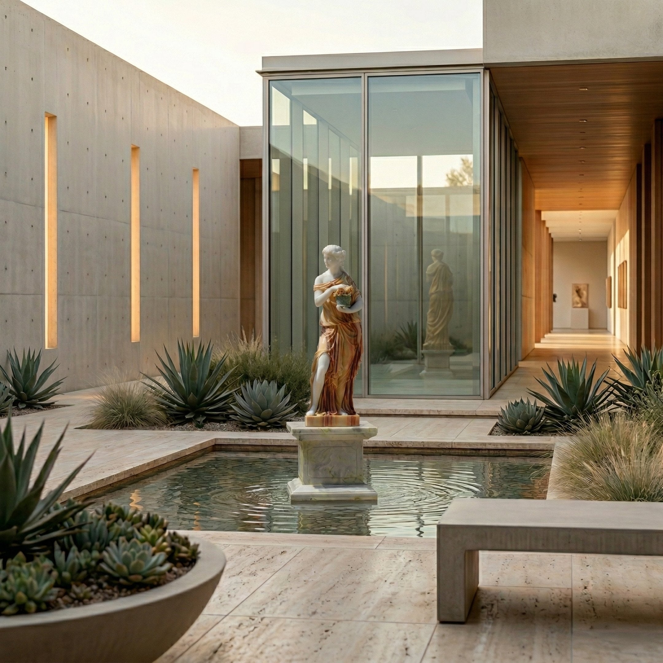 Four Season Female Angel Marble Outdoor Sculpture in warm two-tone white and golden marble, standing on a pedestal in a reflecting pool within a modern courtyard with succulents and glass walls.