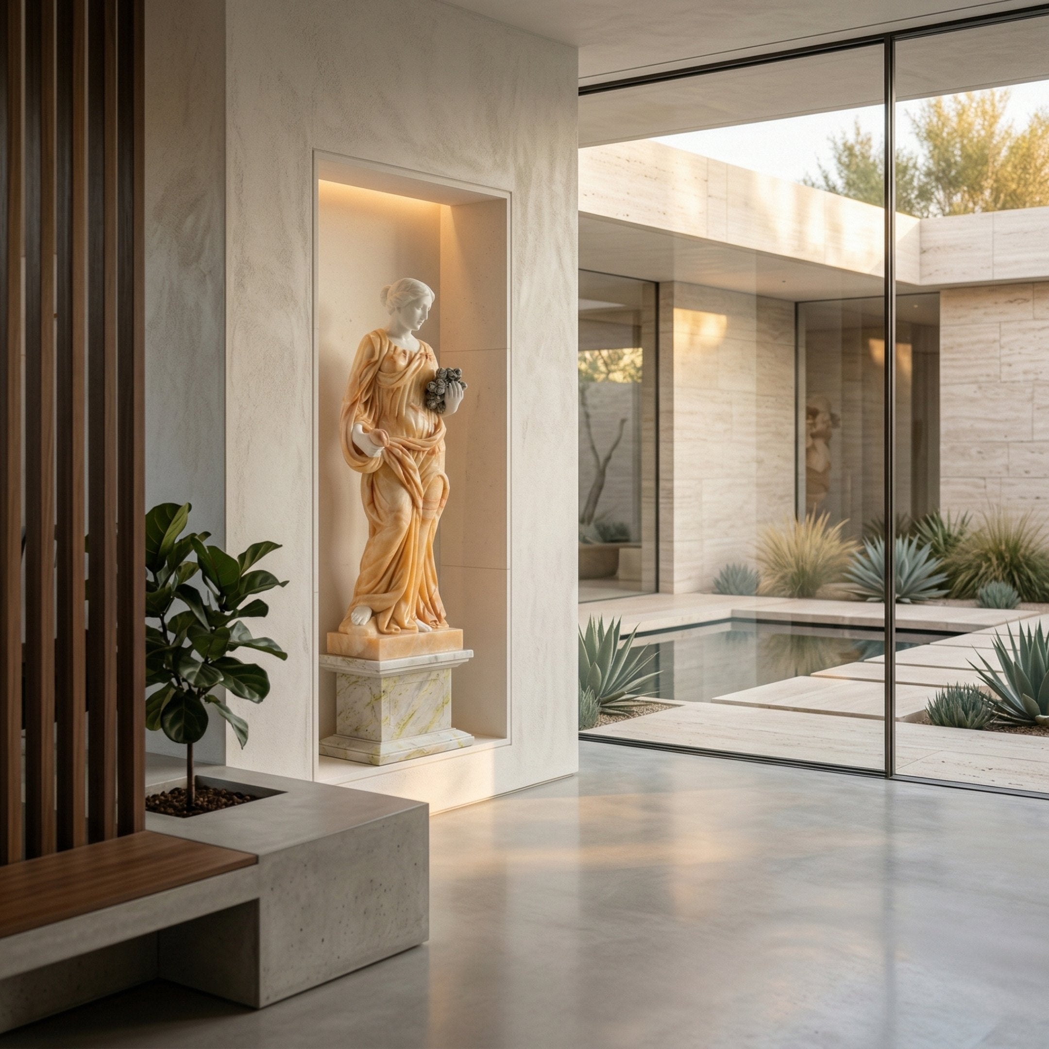 Four Season Female Angel Marble Outdoor Sculpture in warm golden and white two-tone marble displayed in a lit wall niche beside a modern courtyard with a reflecting pool and desert plants.