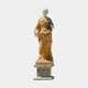 Four Season Female Angel Marble Outdoor Sculpture in warm golden and white two-tone marble, depicting a draped neoclassical female figure holding a floral wreath on a marble pedestal, against a plain light background.