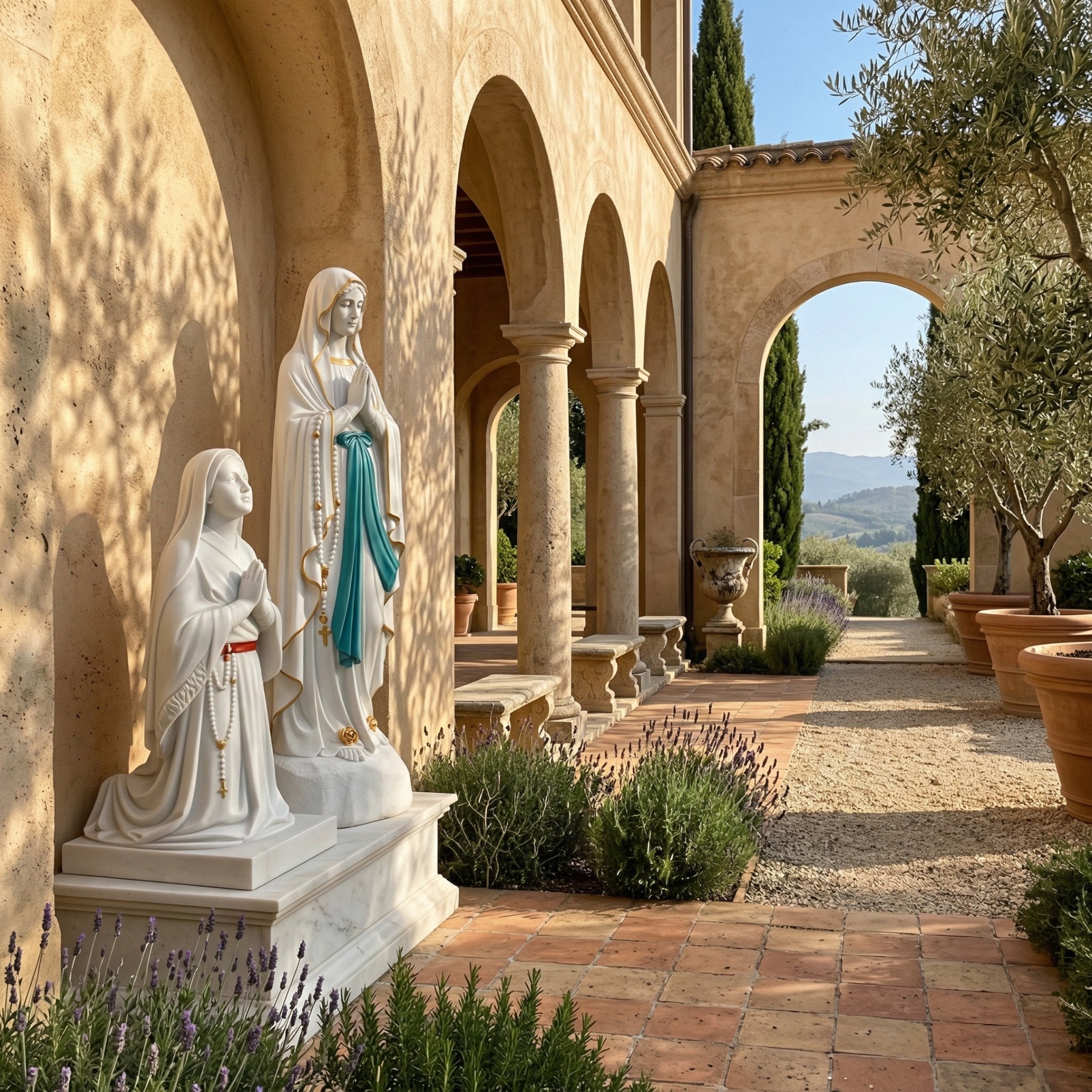 Lourdes Virgin Mary Angel Marble Outdoor Sculpture by Giant Sculptures, showing white marble Our Lady of Lourdes with teal sash beside kneeling Saint Bernadette on a shared base in a sunlit Mediterranean courtyard.