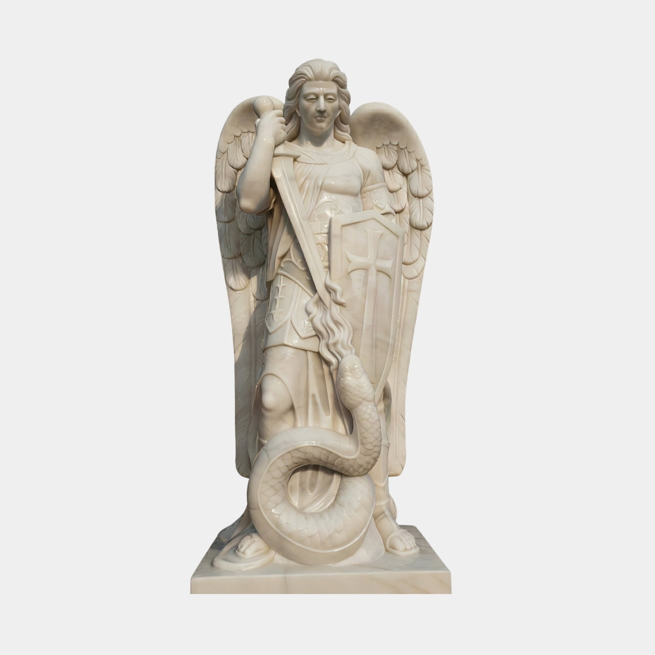 The Giant Sculptures St Michael Guardian Angel Marble Outdoor Sculpture (180cm) depicts the armored angel with wings, sword, and shield standing triumphantly over a coiled serpent.