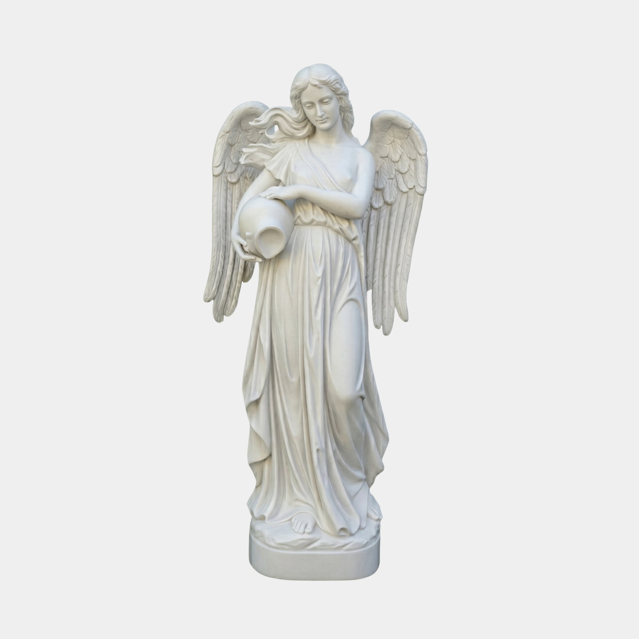 Cemetery Praying Angel Marble Outdoor Sculpture – 160cm by Giant Sculptures, a white marble winged angel in flowing robes holding a vessel, on a round base against a plain light background.