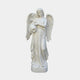 Cemetery Praying Angel Marble Outdoor Sculpture – 160cm by Giant Sculptures, a white marble winged angel in flowing robes holding a vessel, on a round base against a plain light background.