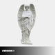 A 120cm white marble Standing Male Angel Outdoor Sculpture by Giant Sculptures features large feathered wings, flowing robes, and holds flowers and a chain. The plain light gray background has VERSION 1 in a black-to-gray gradient bar at the bottom left.