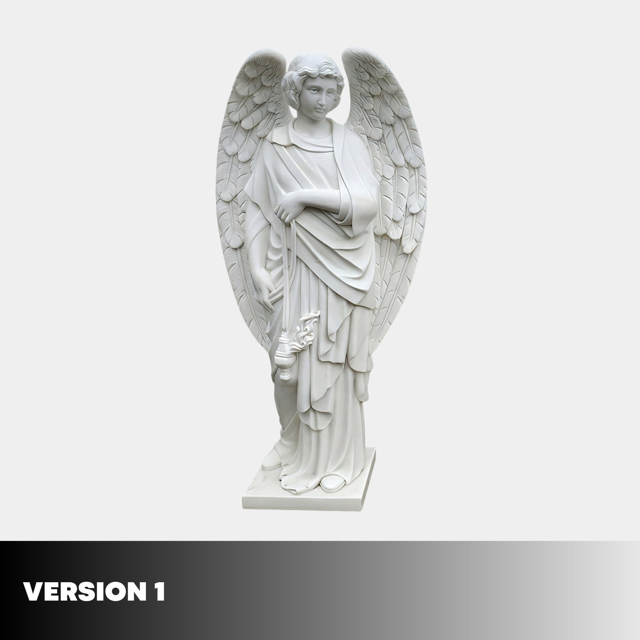 Standing Male Angel Marble Outdoor Sculpture - 120cm by Giant Sculptures. Features detailed wings, flowing robes, and a flower, standing on a rectangular base. Plain gray background with "VERSION 1" in a black bar at the bottom left.