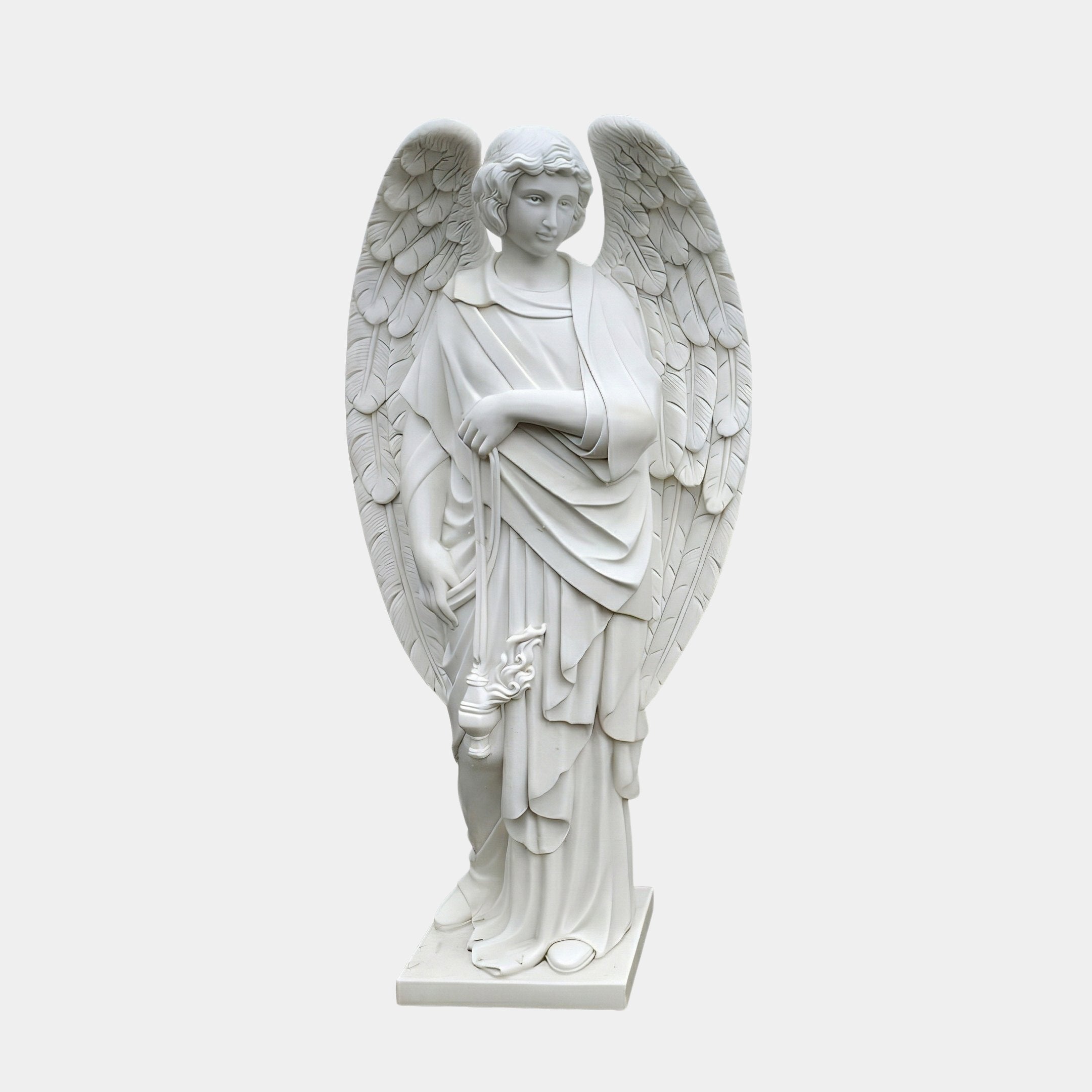 Standing Male Angel Marble Outdoor Sculpture – 120cm by Giant Sculptures, depicting a winged angel in classical drapery holding a torch, carved in white marble on a square base against a plain light background.