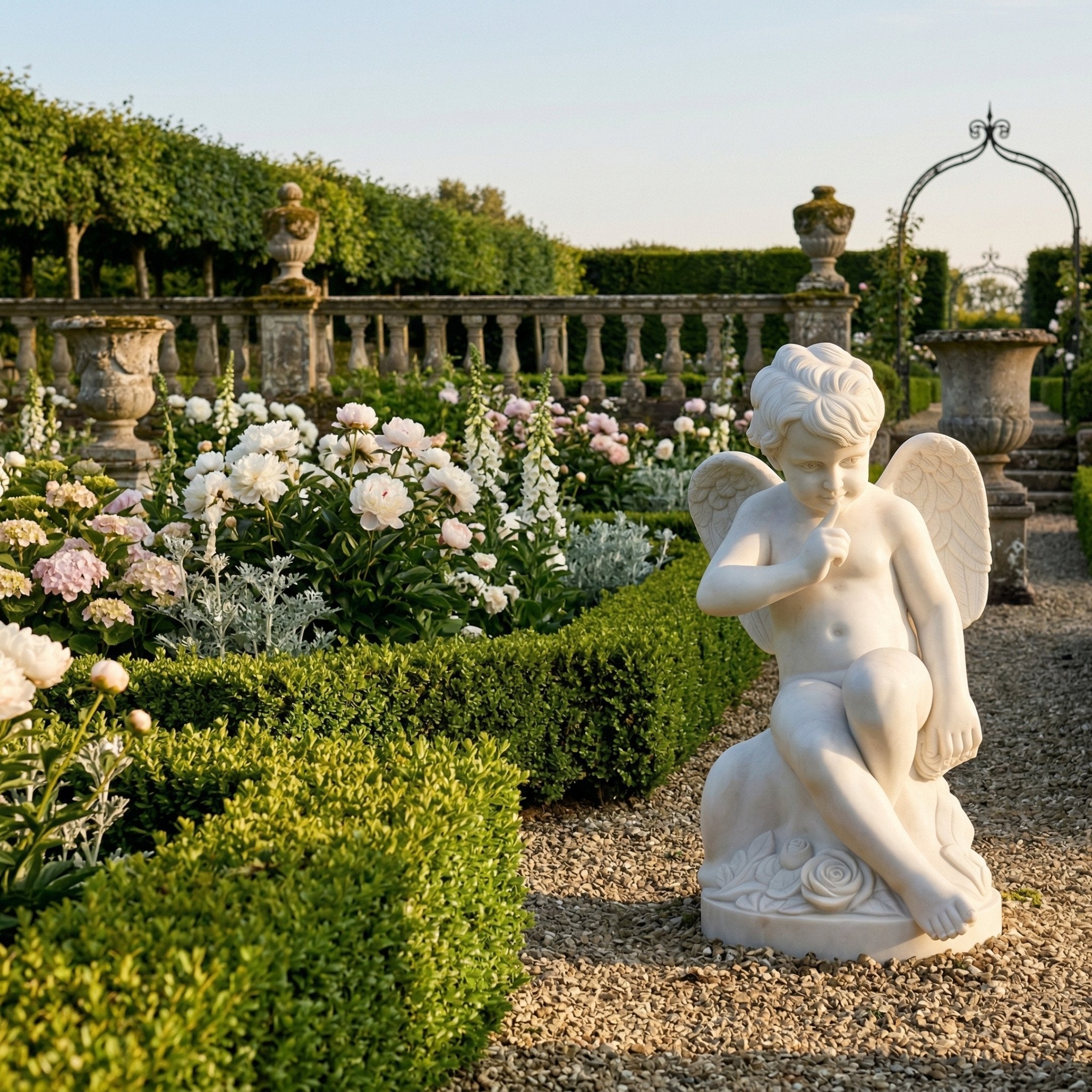 Baby Angel Marble Outdoor Sculpture by Giant Sculptures, 80cm white marble cherub in a kneeling pose with small wings, displayed on a gravel path in a formal garden with boxwood hedging and blooming peonies.