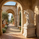 Giant Sculptures Kneeling Woman Praying Angel Marble Outdoor Sculpture in white marble on a pedestal, shown in a sunlit stone archway loggia with olive trees and lavender.