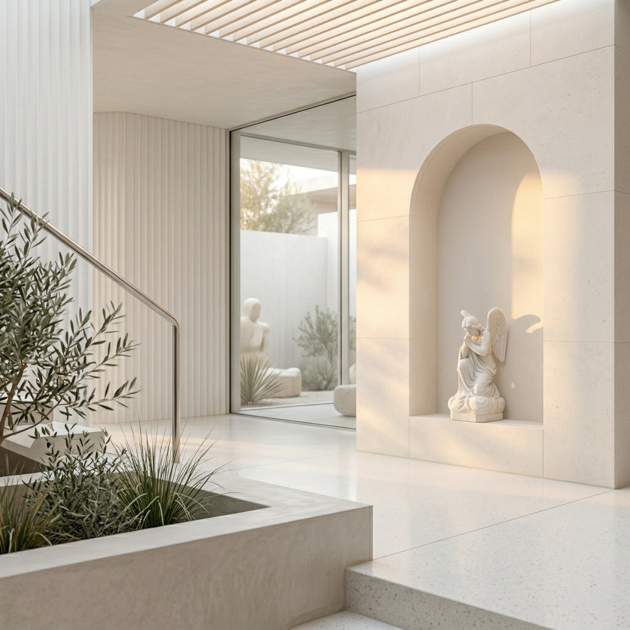 Kneeling Woman Praying Angel Marble Outdoor Sculpture by Giant Sculptures displayed in an arched wall niche within a modern cream-toned entryway with stairs and greenery.