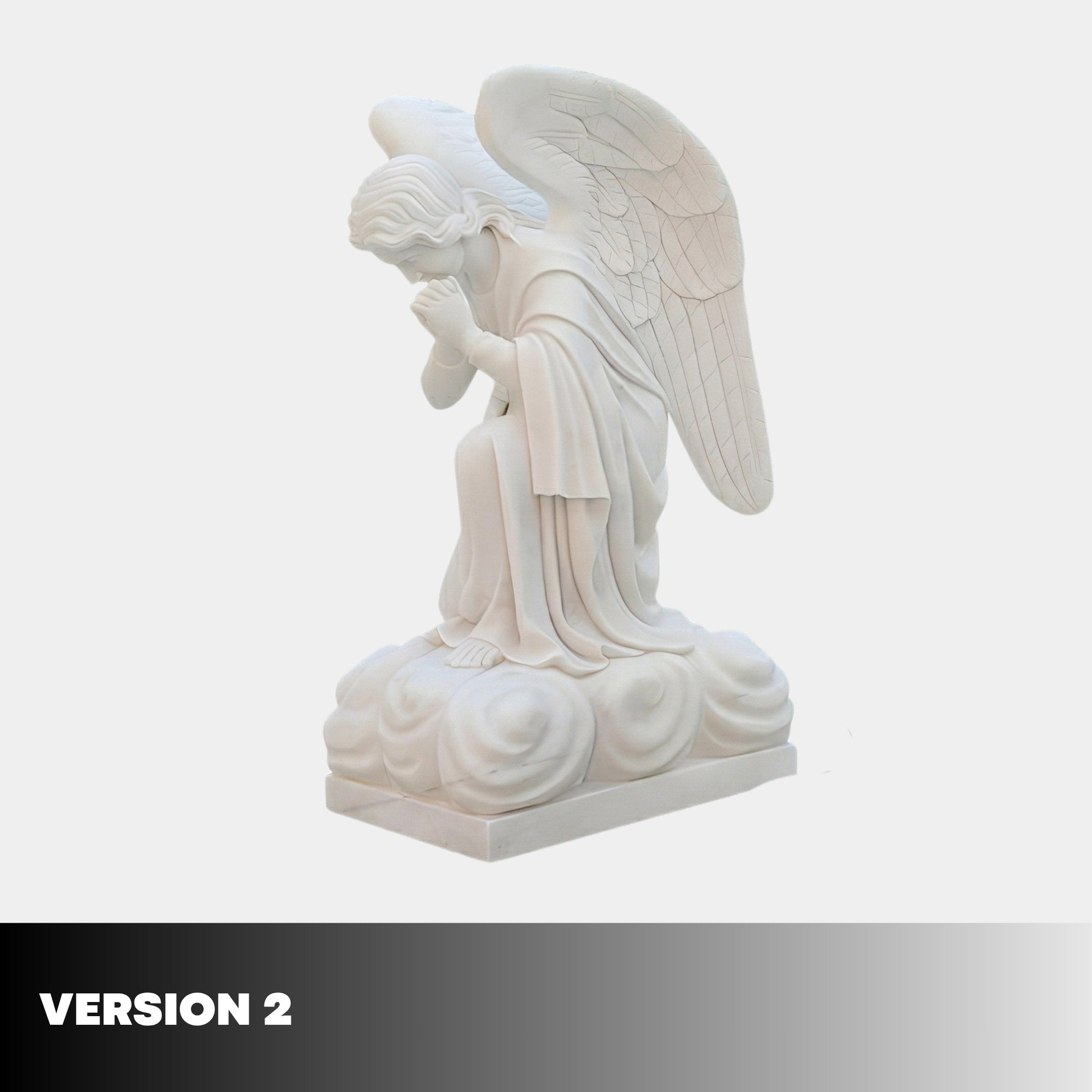 The Giant Sculptures Kneeling Woman Praying Angel Marble Outdoor Sculpture (120cm) features a detailed angel with wings and flowing robes, kneeling on a cloud in prayer. "VERSION 2" appears at the bottom left.