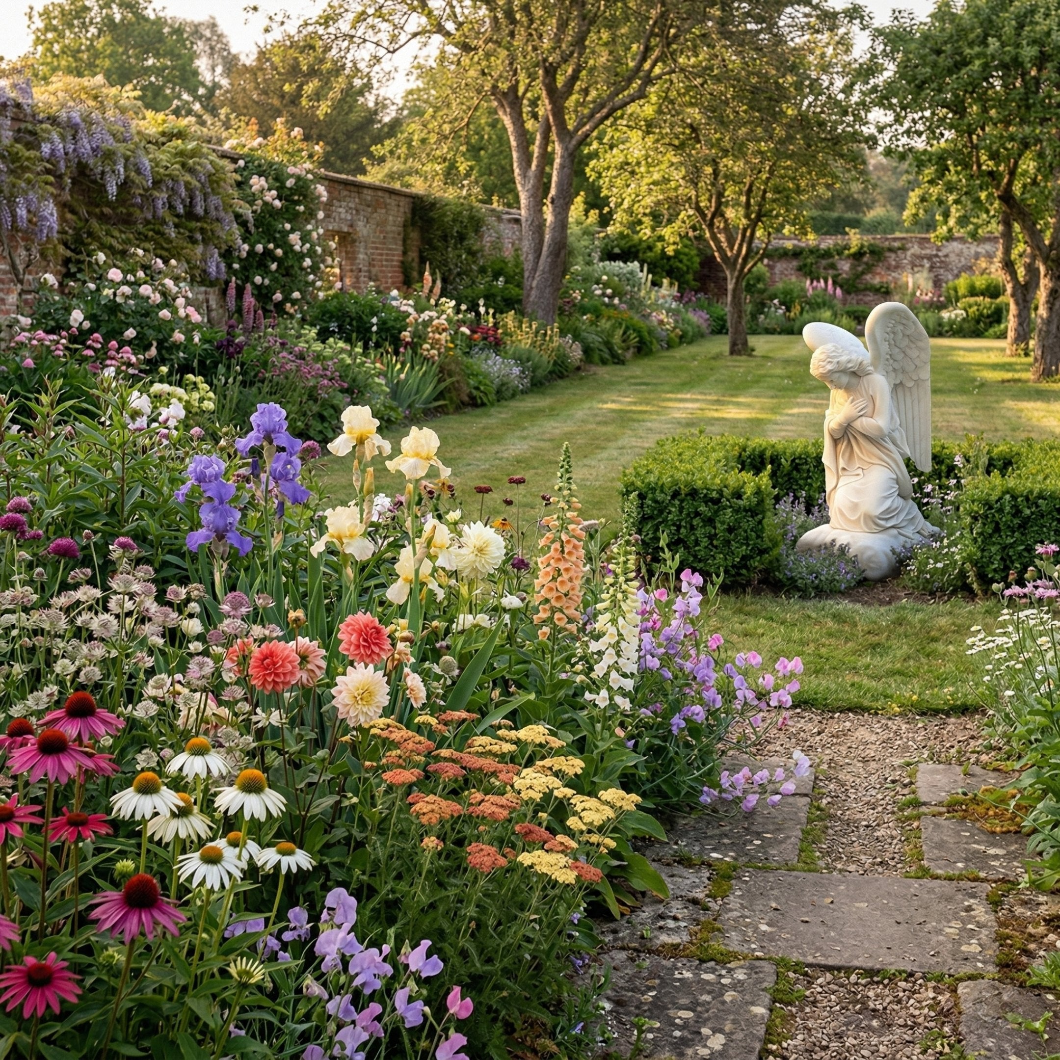Kneeling Woman Praying Angel Marble Outdoor Sculpture by Giant Sculptures displayed in a walled garden setting among colorful flower borders and a stone path.