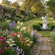 Kneeling Woman Praying Angel Marble Outdoor Sculpture by Giant Sculptures displayed in a walled garden setting among colorful flower borders and a stone path.