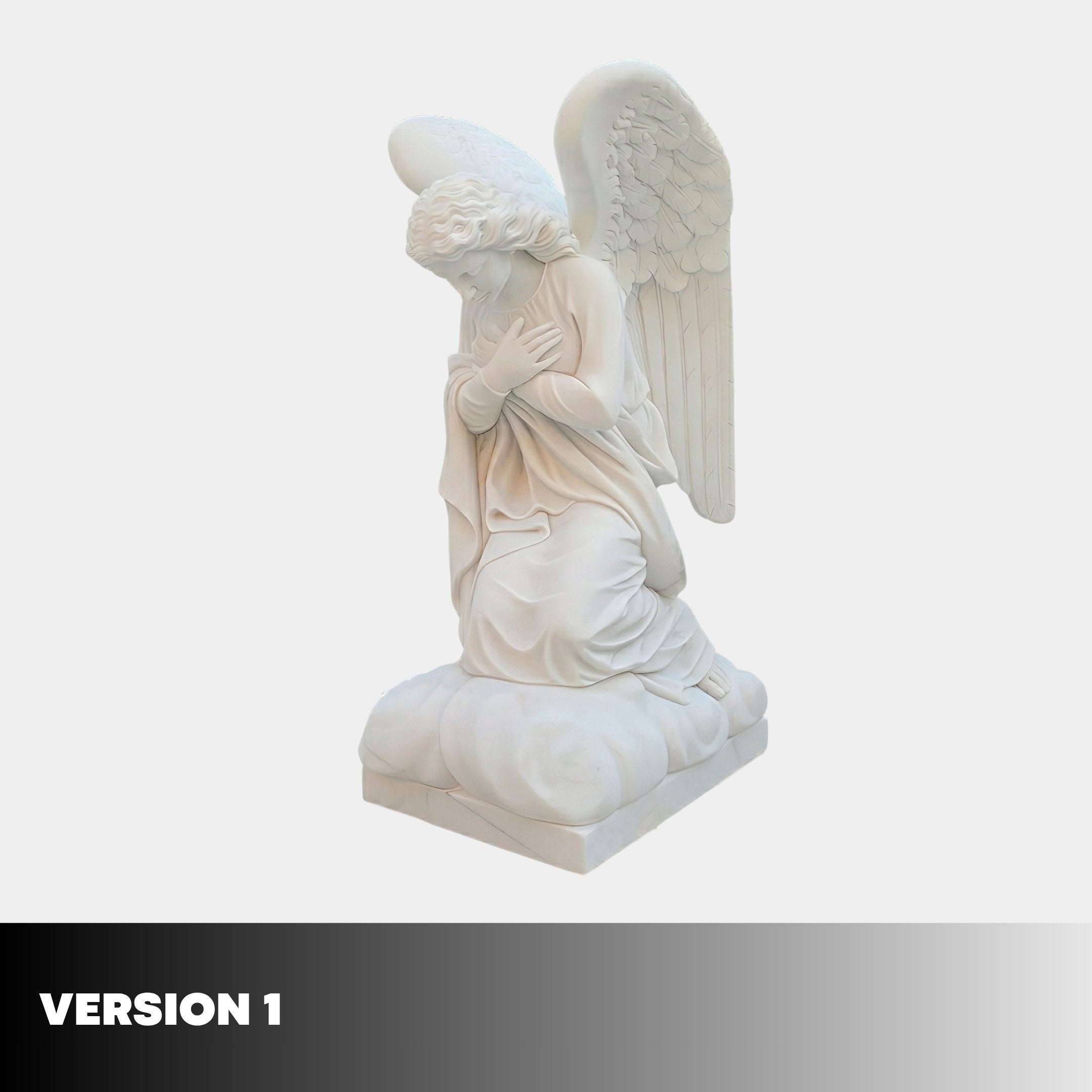 The Kneeling Woman Praying Angel Marble Outdoor Sculpture by Giant Sculptures features a white marble angel with folded hands, closed eyes, and detailed wings on a cloud-like base. Product height: 120cm. Background is plain white. Text: VERSION 1.