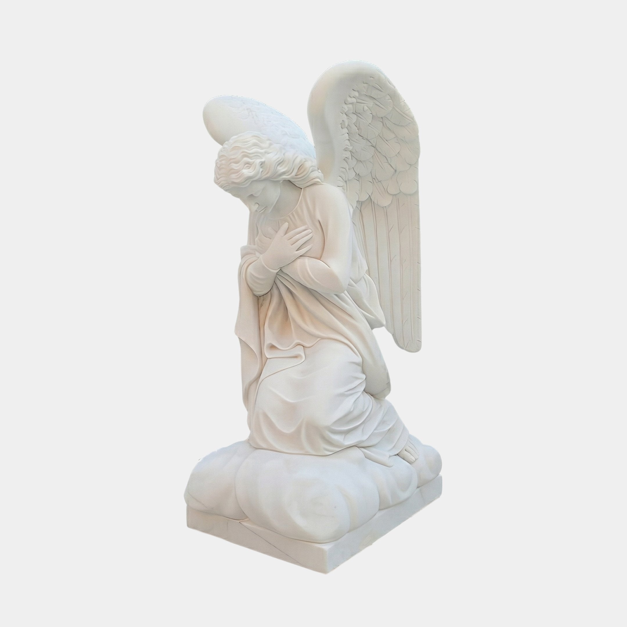 Kneeling Woman Praying Angel Marble Outdoor Sculpture in white marble, showing a robed angel kneeling on a cloud-shaped base with folded wings, against a plain light background.
